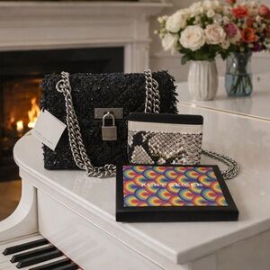 Kurt Geiger Black Textured Shoulder Bag with Silver Chain With Card Wallet.